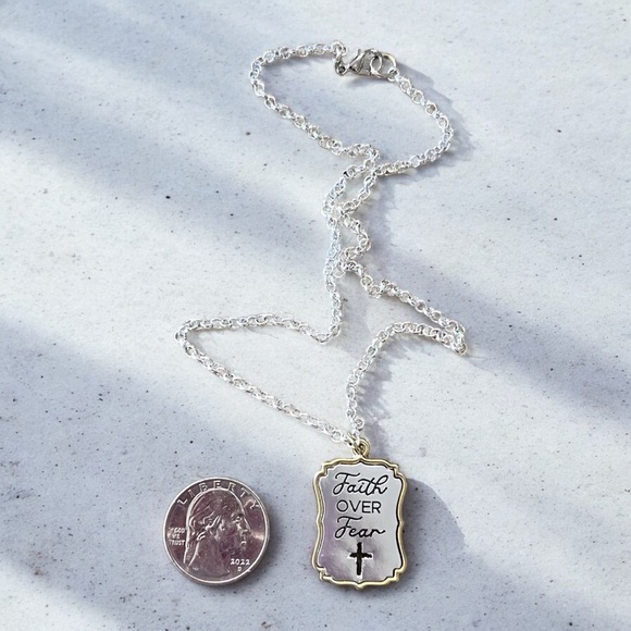 Silver and Gold Toned Pendant Necklace with Cross Detail “Faith Over Fear” - Picture 17 of 17